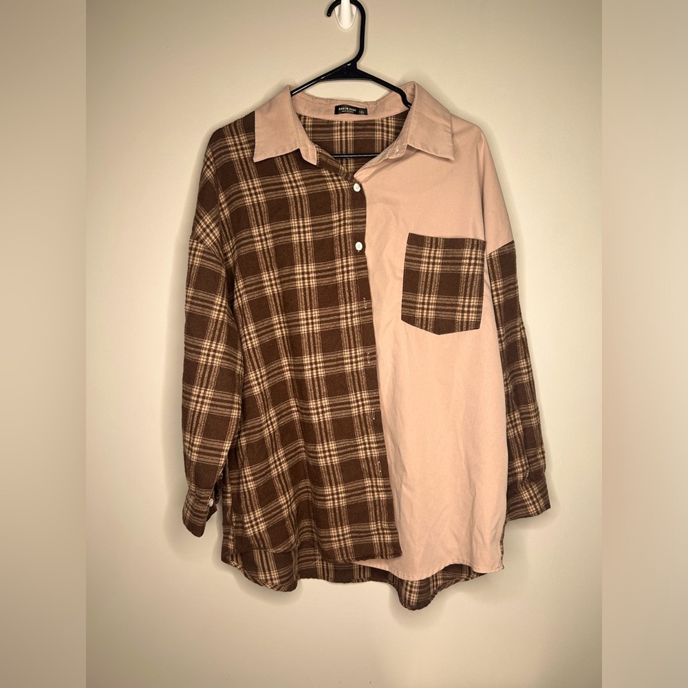 SHEIN Shirt Women’s 1X Brown Long Sleeve Button Down Patch Work